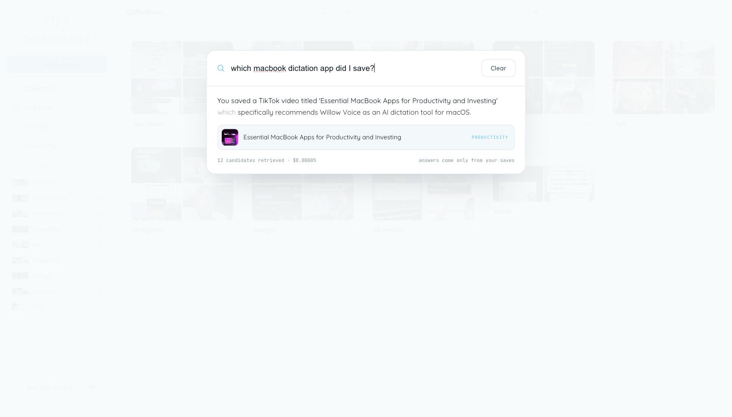 The ask palette answering a real question with six cited saves about AI agent tools